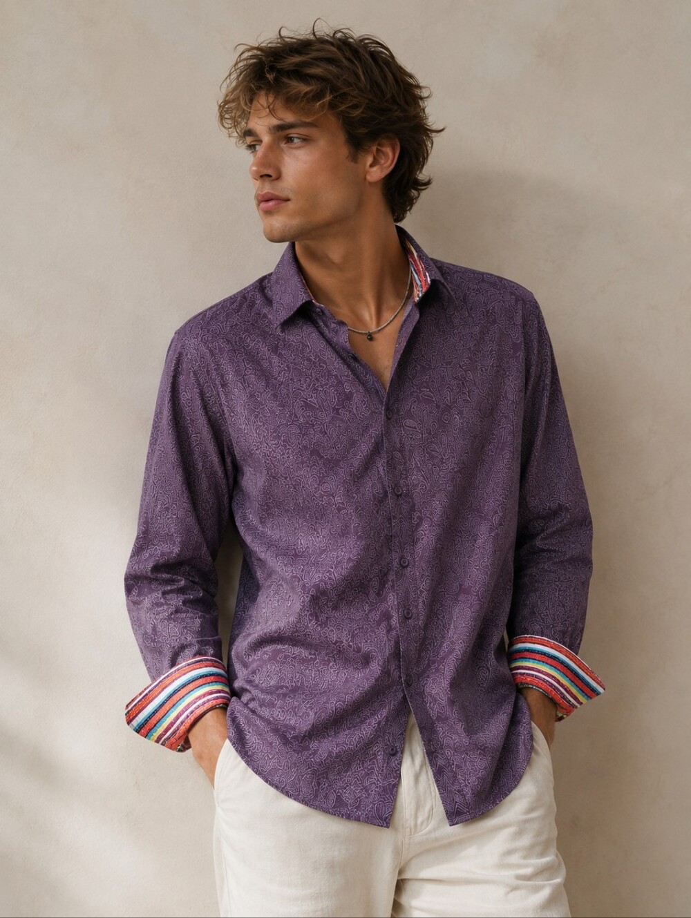 Visconti Uomo Men’s Large Purple Paisley Merc​​erized Cotton Button Down Shirt